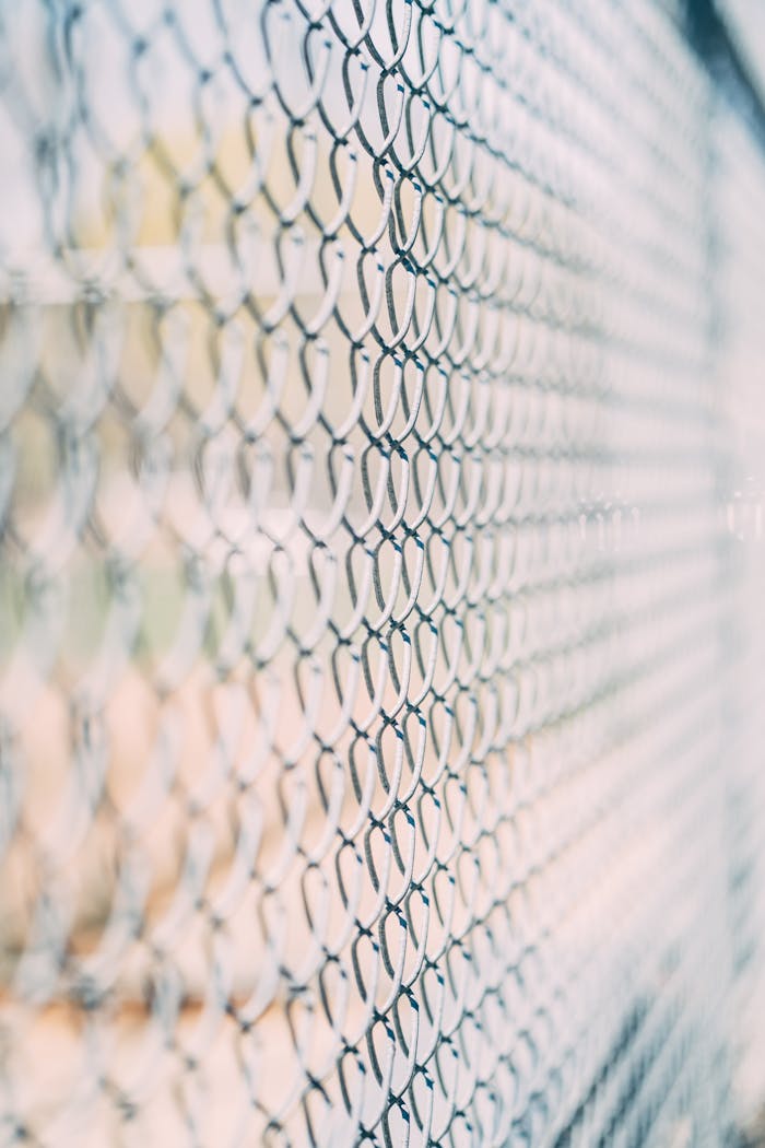 Home Abstract view of a chain link fence with a blurred, artistic aesthetic and soft focus.
