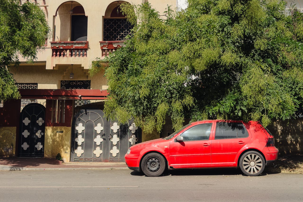 Offerings red car under a tree